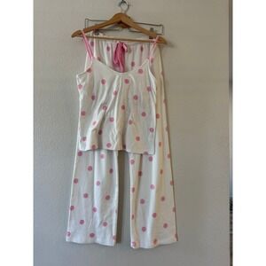P.J. Salvage Smiley Face Pajama Set Cami Wide Leg Pants Small White Pink Exc‎